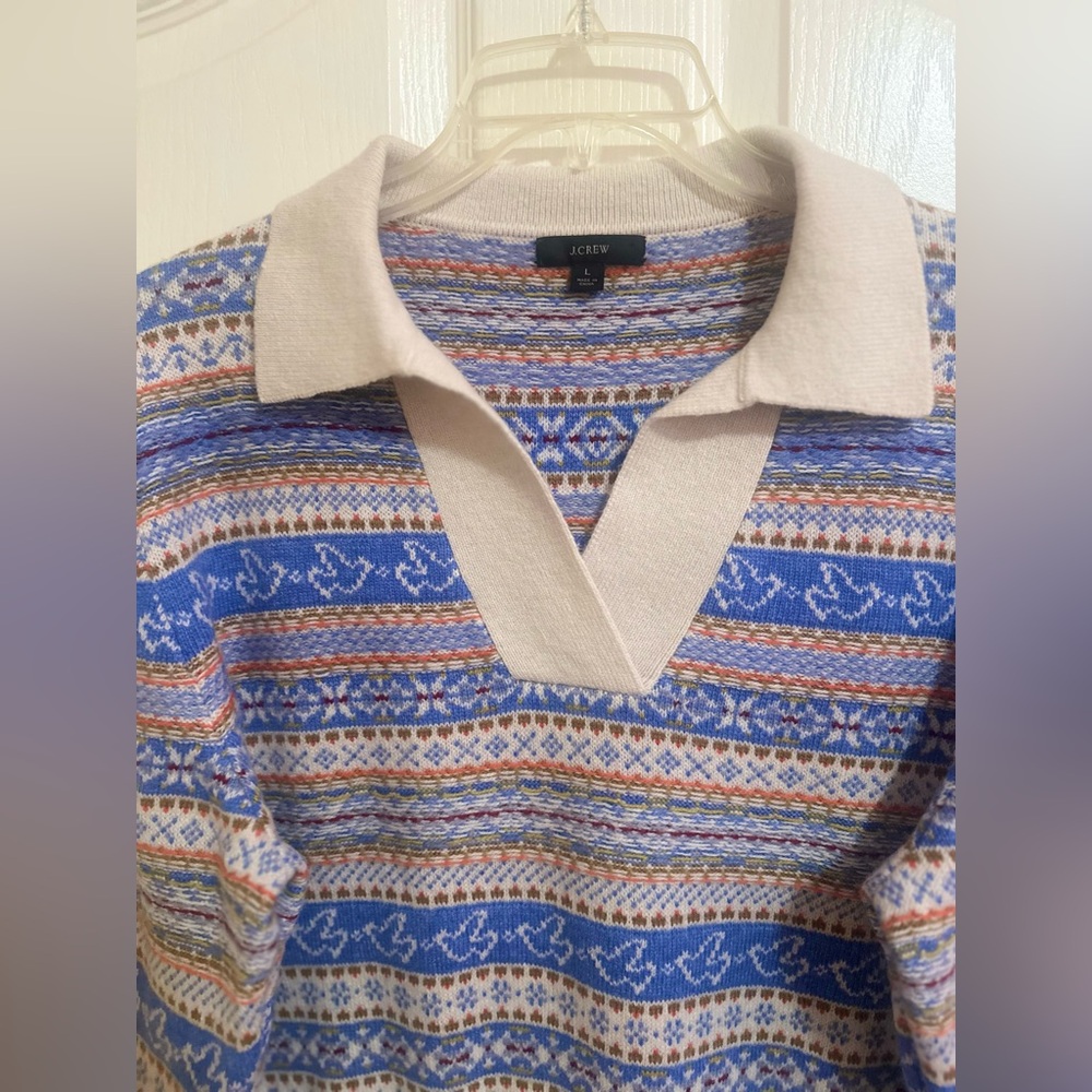 Women’s J.Crew Fair Isle Lambswool Blend Print Beige Collared Preppy Sweater‎ L. - Picture 4 of 8
